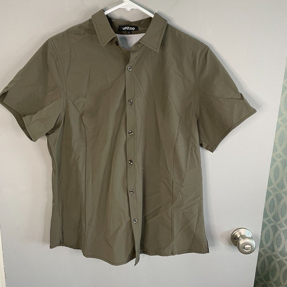 Unitop Mens L Button Up Short Sleeve Olive Green Outdoor Hiking Shirt